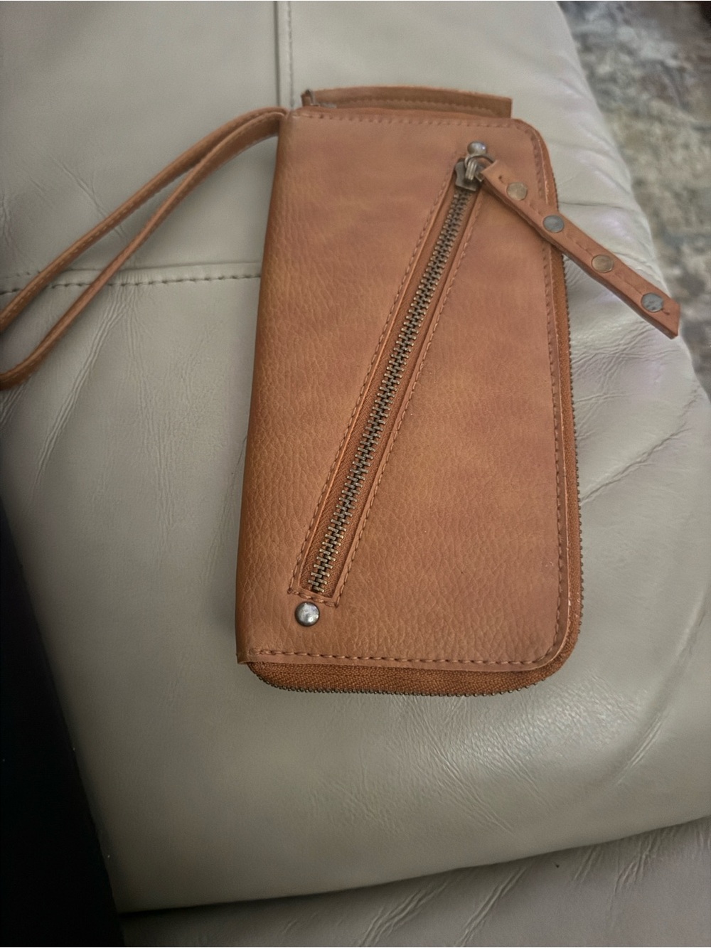 Free People Tan Leather Zip Wristlet Wallet with Diagonal Pocket
